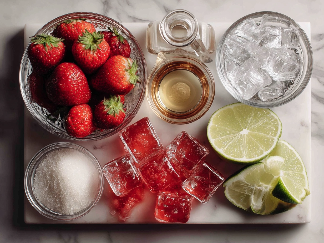 Top down raw ingredients for strawberry daiquiri on marble, modern kitchen organized mise en place