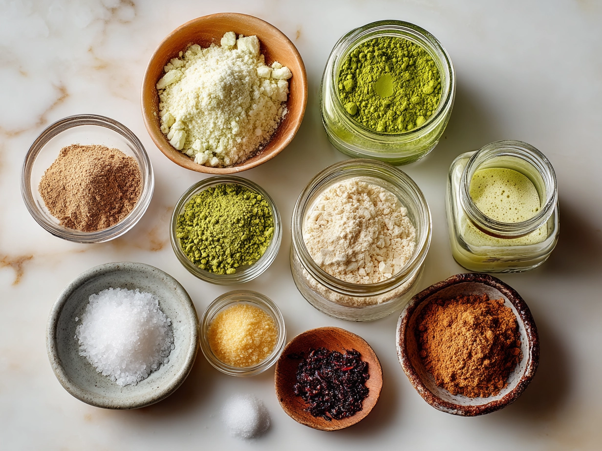 Top down view of raw ingredients for Strawberry Matcha Latte including matcha powder, fresh strawberries, milk, and sweetener