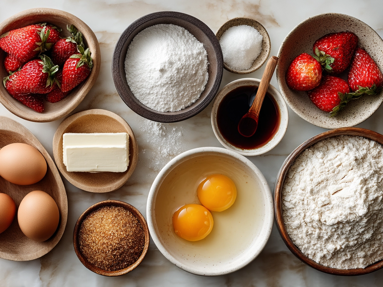 Top-down view of raw ingredients for strawberry muffins arranged neatly on marble countertop.