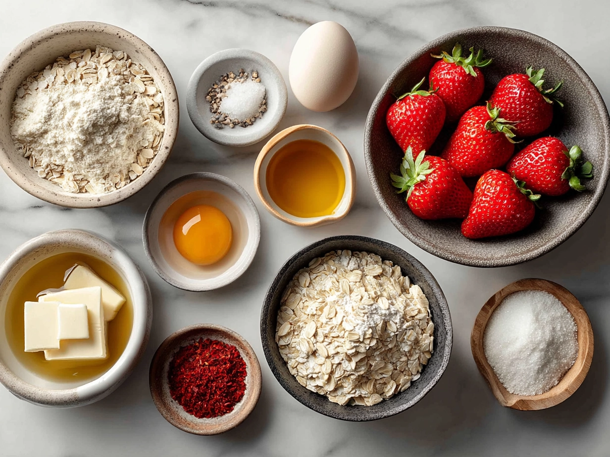 Raw ingredients for strawberry oatmeal muffins on marble counter with organized mise en place