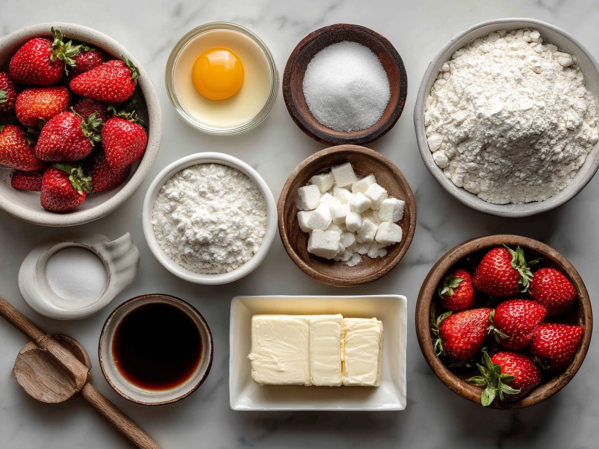 Raw ingredients for Strawberry Pop Tart Cookies arranged on marble surface