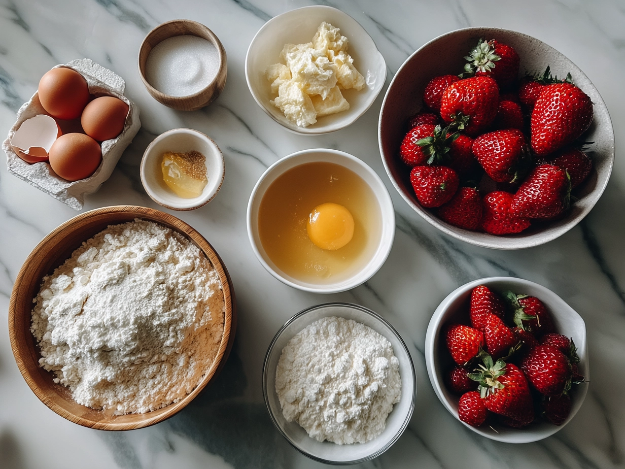 Top down view of ingredients for Strawberry Ricotta Muffins laid out on a wooden table