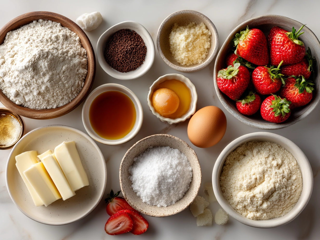 Top-down view of raw ingredients for strawberry white chocolate muffins arranged on a marble surface