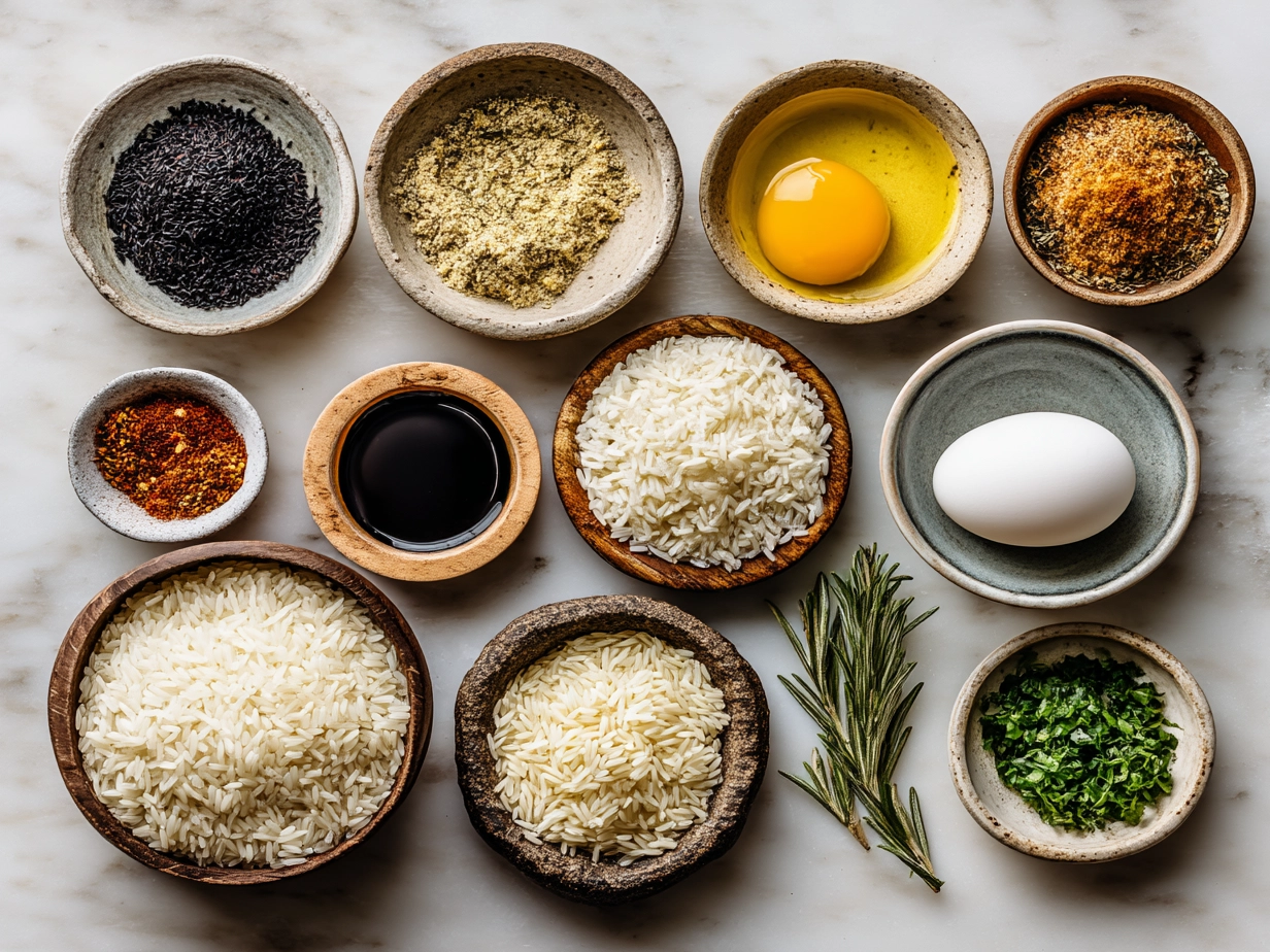 Top down raw ingredients for Texas Roadhouse Seasoned Rice including rice, butter, parsley and spices