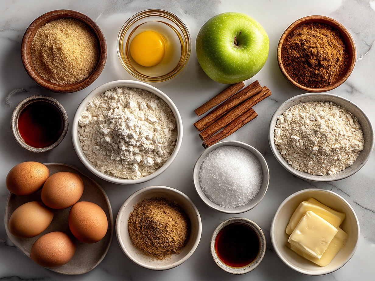 Raw ingredients laid out for Toffee Apple Pie with Creamy Custard including apples, sugar, butter, spices, and pie crust