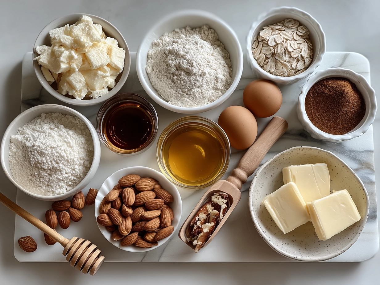 Top-down view of raw ingredients for Triple Almond Cookies arranged on marble surface