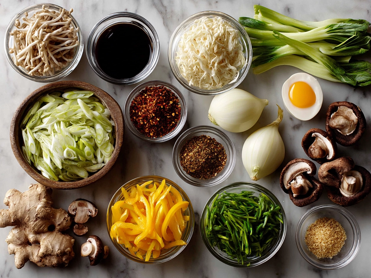 Top down view of raw ingredients for vegetable stir fry on marble surface