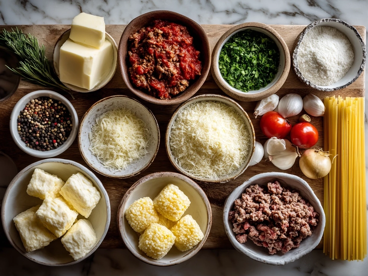 Top down view of raw ingredients for White Bolognese Sauce on marble countertop, showing olive oil, onions, garlic, ground veal and pork, chicken broth, milk, Parmesan cheese, and optional vegetables