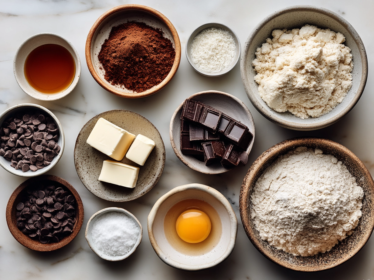 Top down view of raw chocolate chip sourdough cruffin ingredients laid out on white marble surface