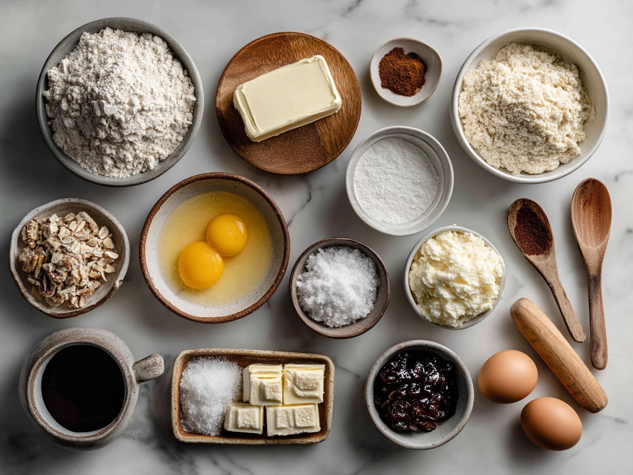 Top down view of raw ingredients for Apple Crisp Mini Cheesecakes including cream cheese, oats, apples, and spices