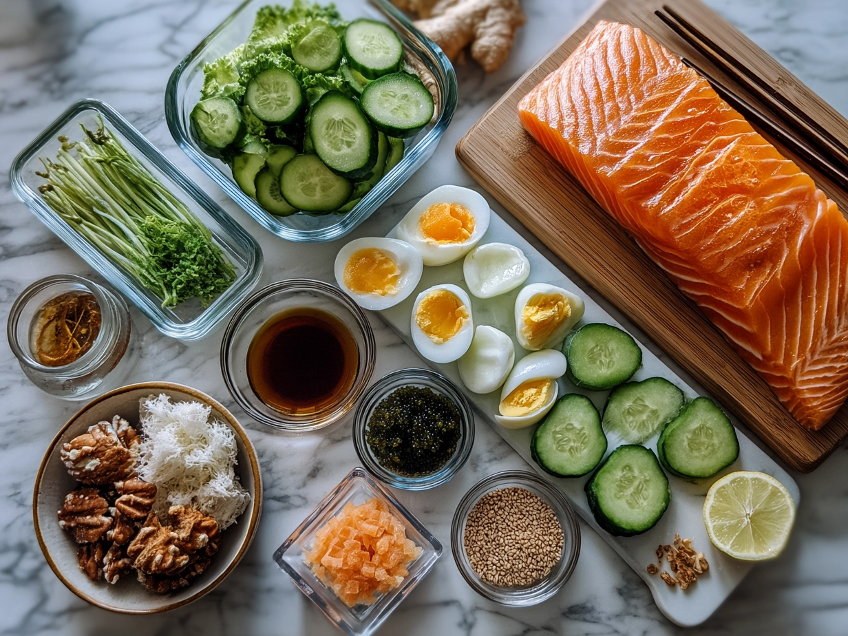 Top down view of raw ingredients for baked salmon sushi cups on white marble