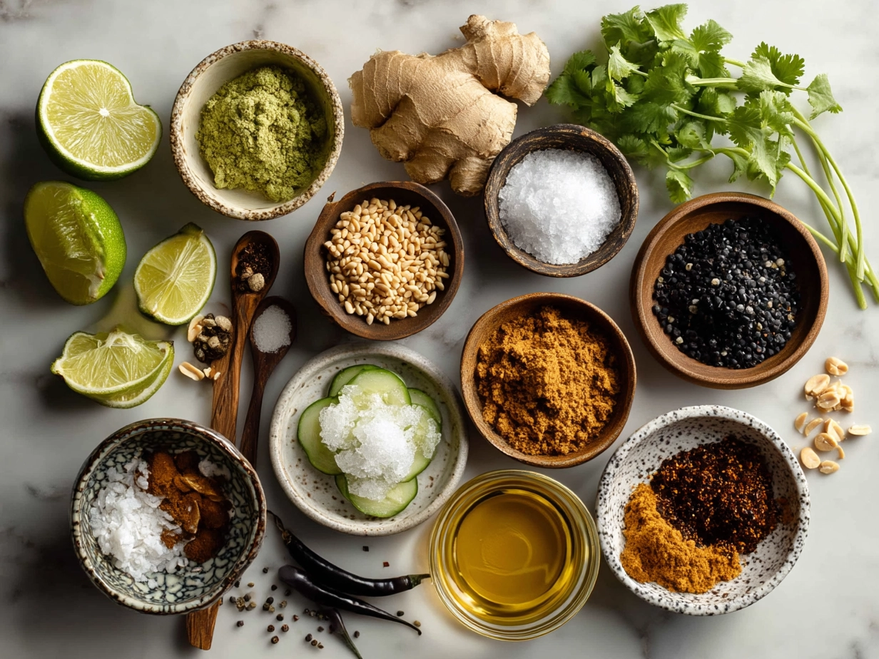 Raw ingredients for Thai peanut curry on a marble surface