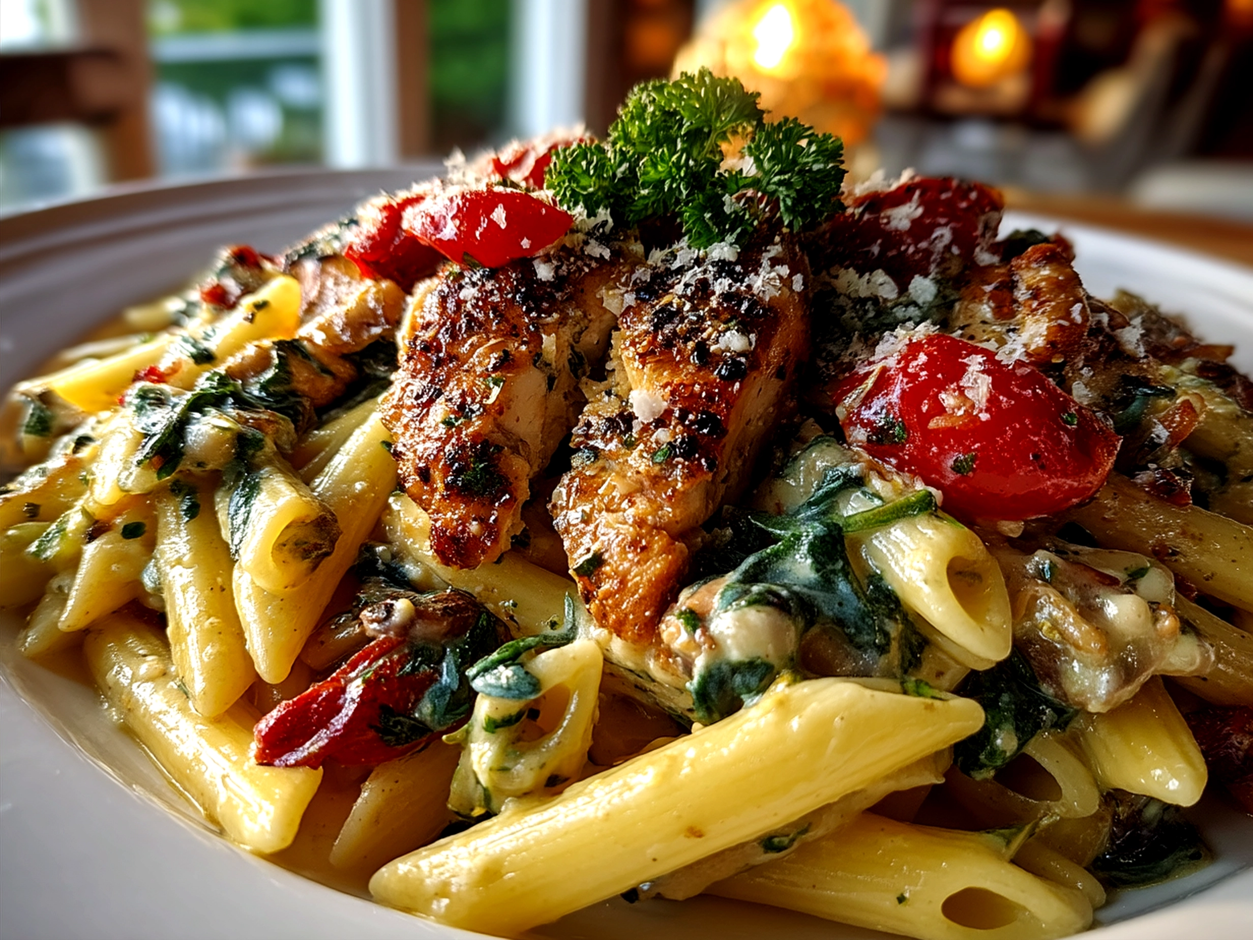 Serving of creamy Tuscan chicken pasta on a plate