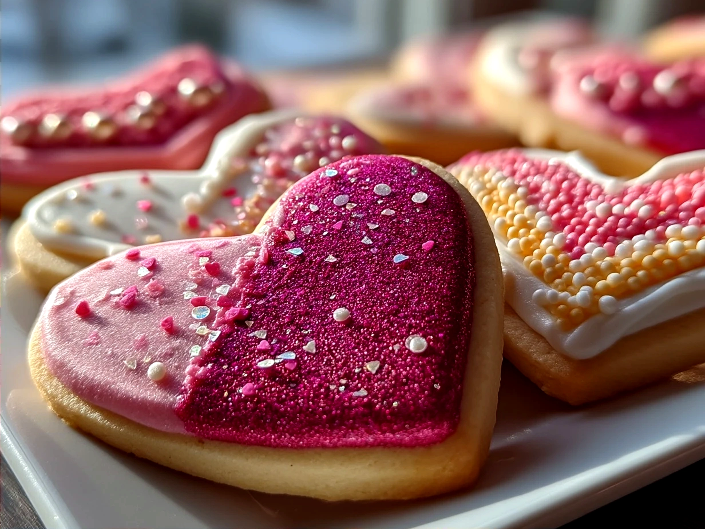 Freshly decorated Valentines Day Sugar Cookies ready to serve