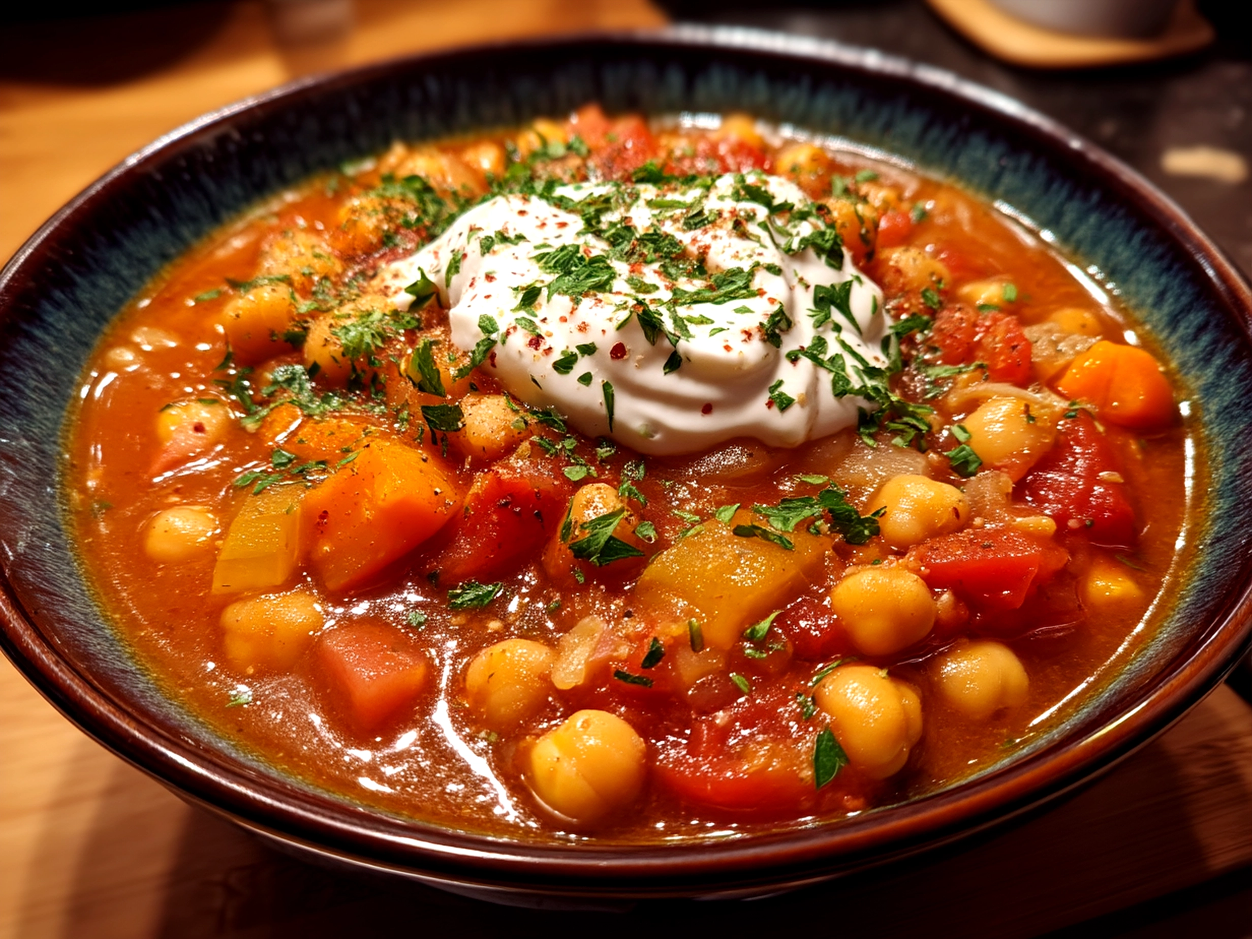 Serving bowl of Vegan White Chickpea Chili garnished with avocado and cilantro